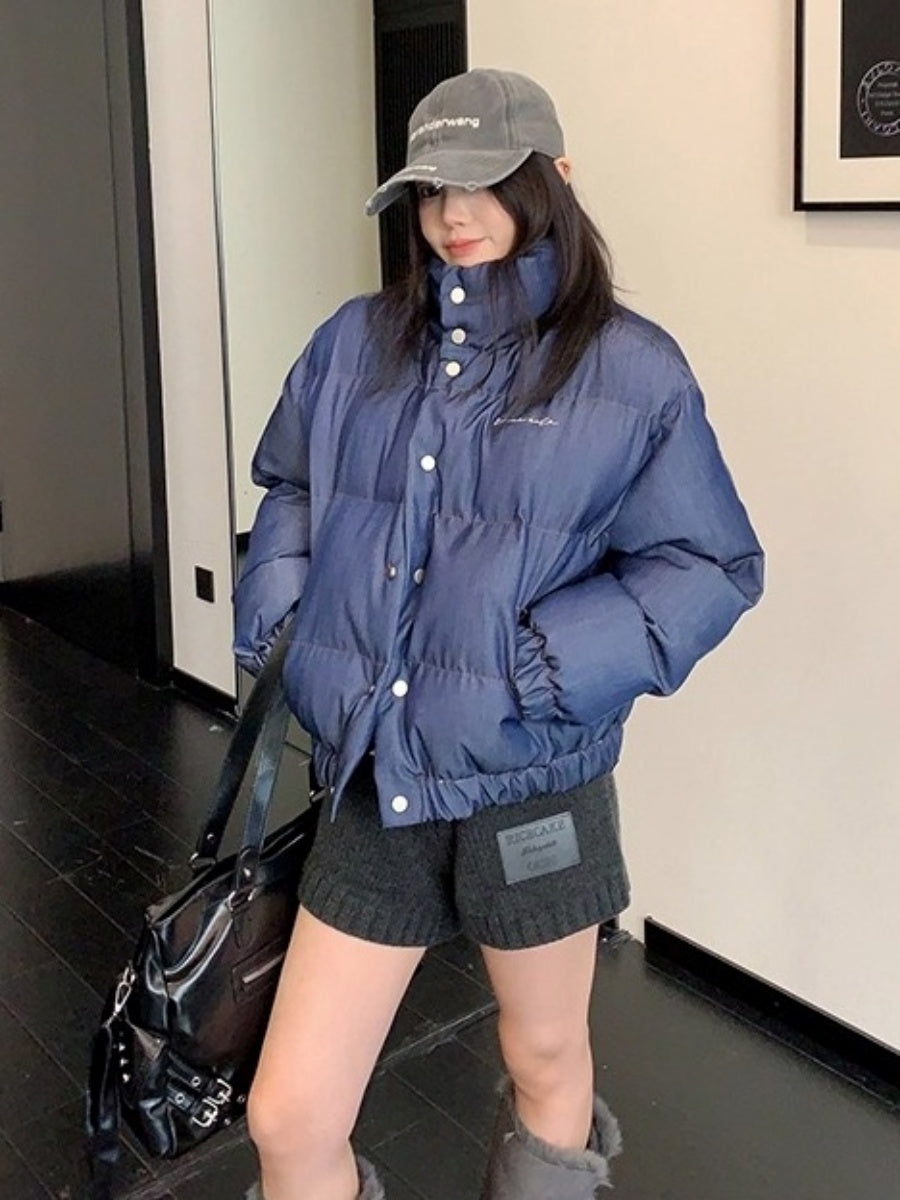 Denim Fabric Cropped Puffer Jacket OS2062