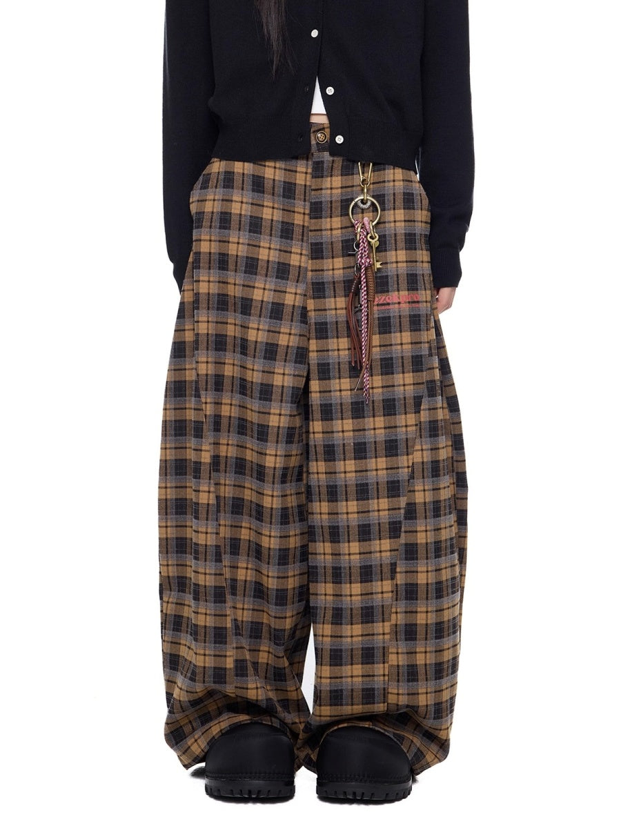 Retro Plaid Switching Wide Curve Pants EZ268