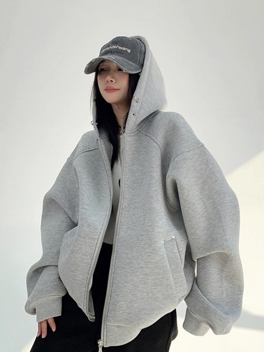 Switching Design Loose Zip Hooded Jacket OS2031