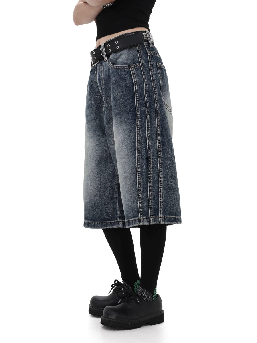 Washed Three-bar Stitch Denim Cropped Pants GB7035