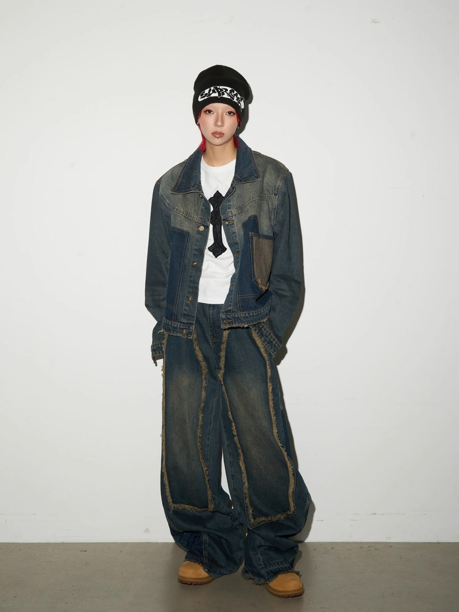【上下別売り】Irregular Stitching Washed Denim Jacket & Jeans Set-up MN9037