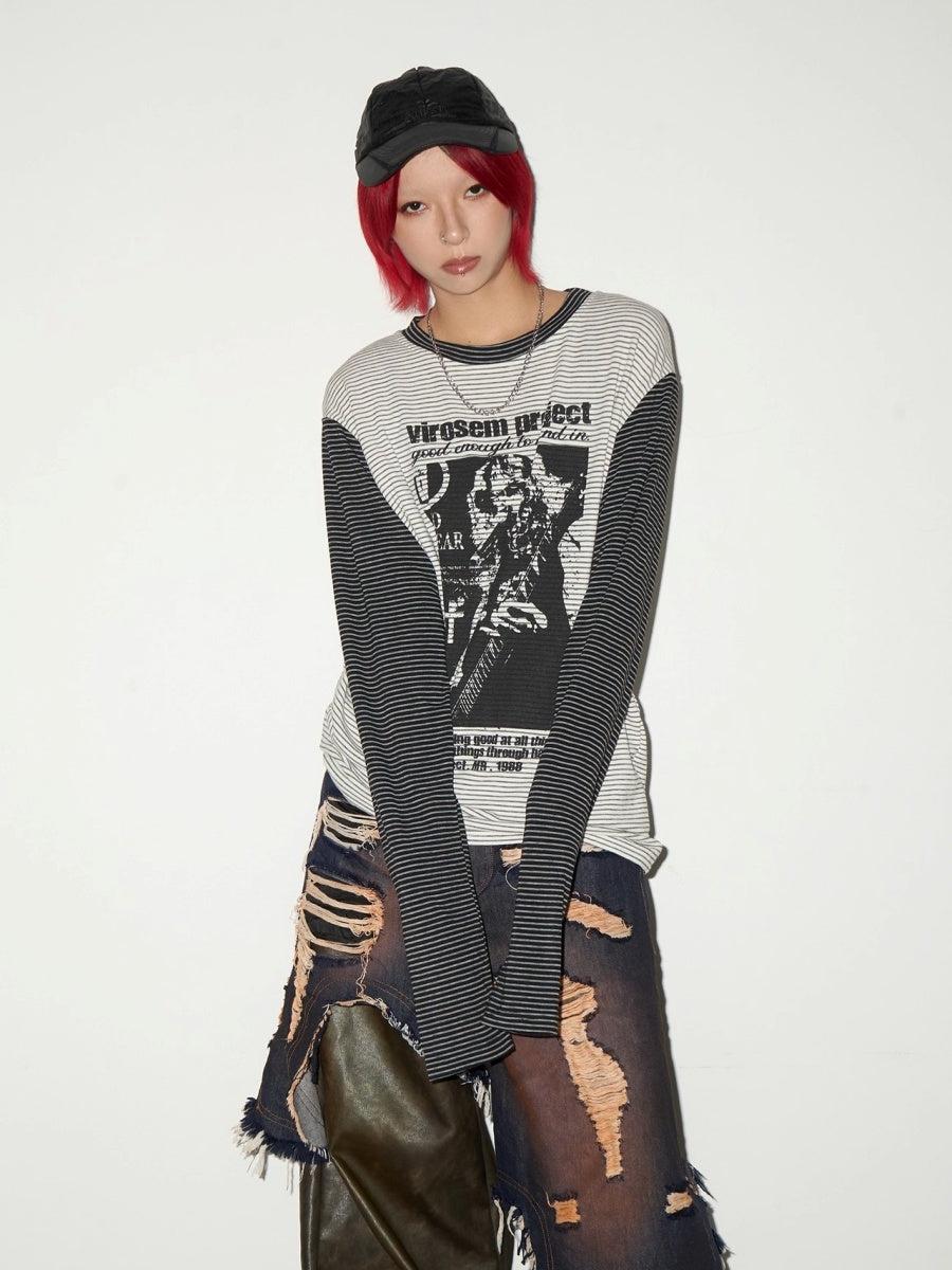 Character Print Patchwork Border Long Sleeve T-shirt MN9030