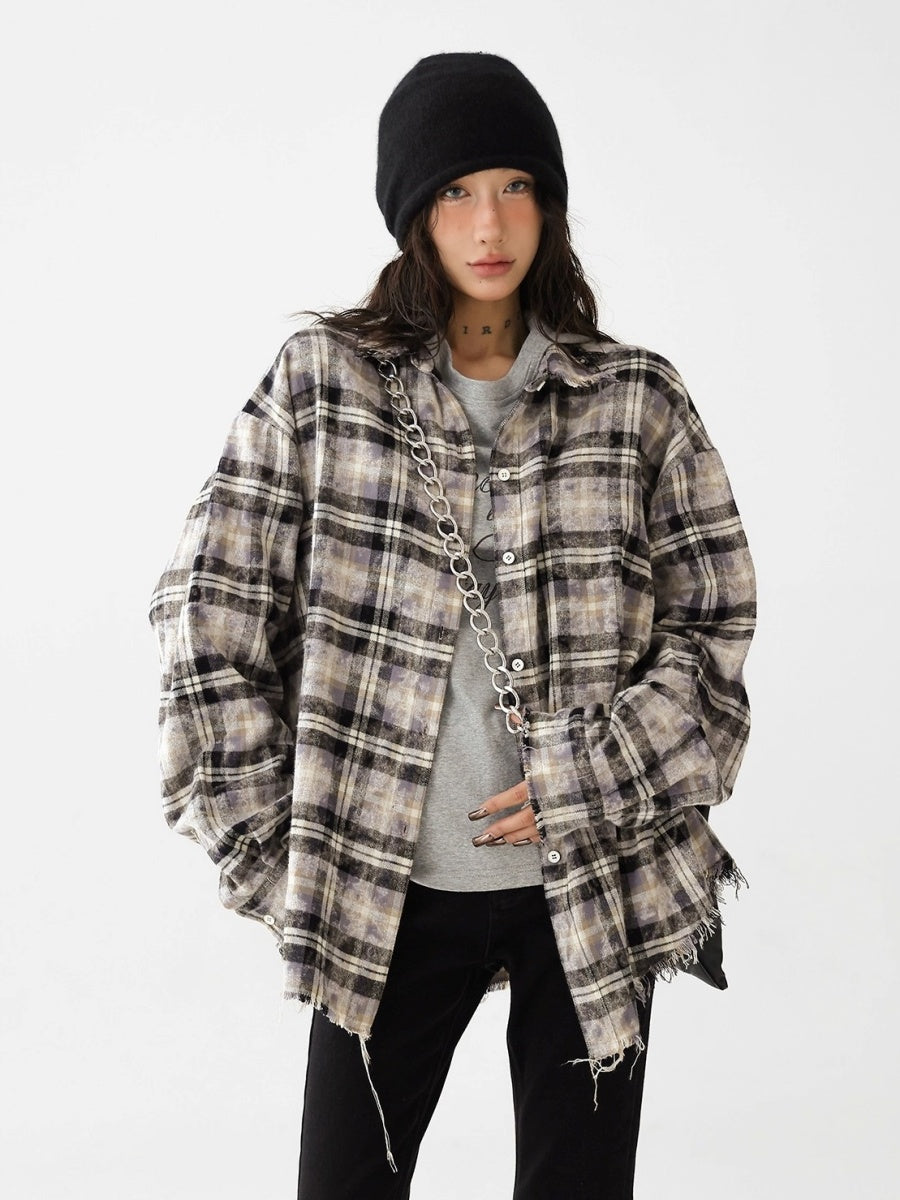 Plaid Frayed Brushed Loose Fringe Shirt AC7151