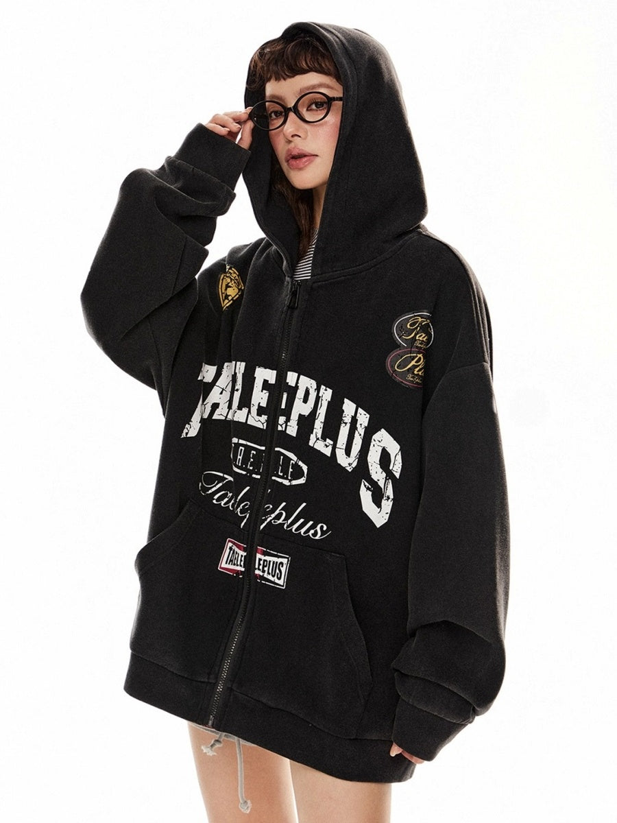 Letter Print Washed Hoodie Jacket MW10276