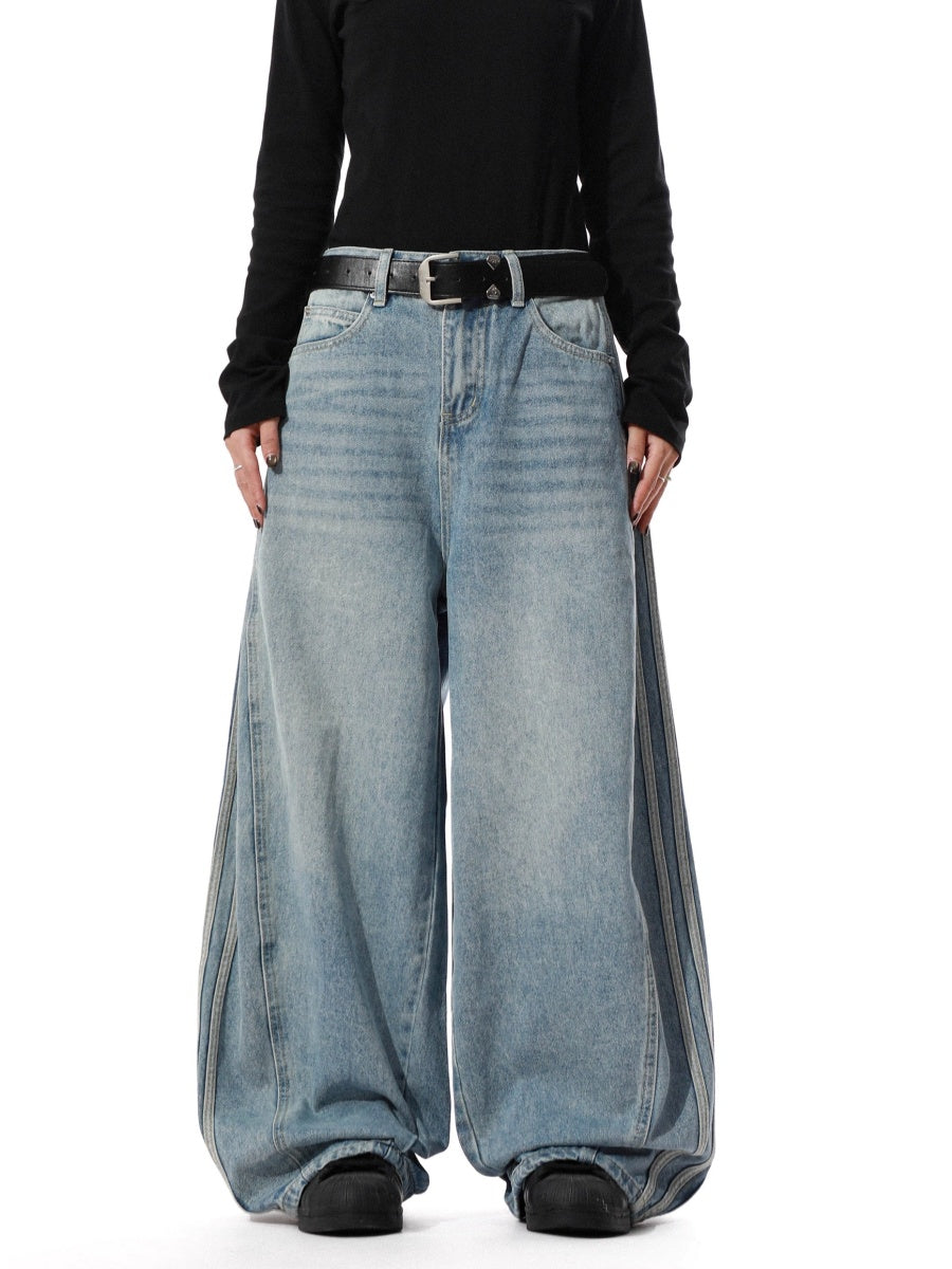 Three-Bar Washed Distressed Loose Jeans MR8028