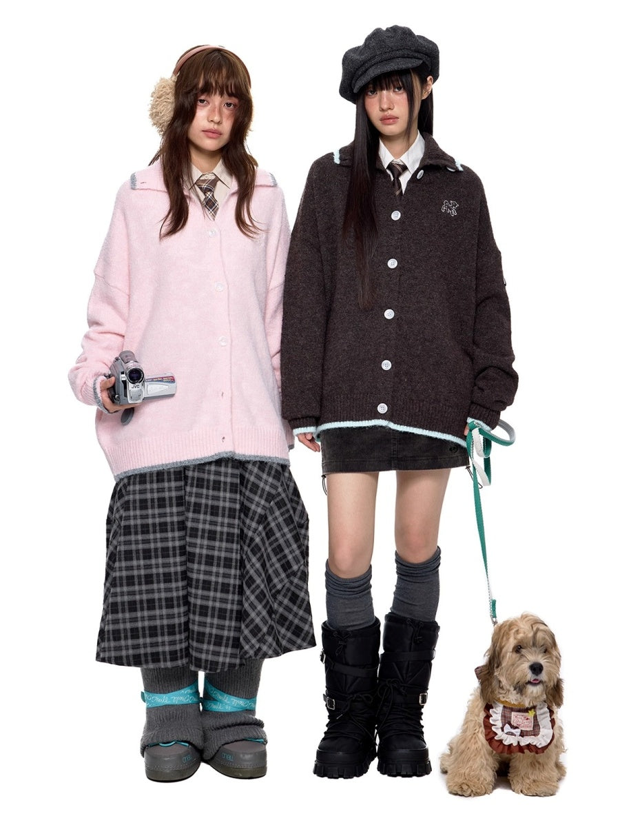 パピー刺繍ラペルニットカーディガン EZ258