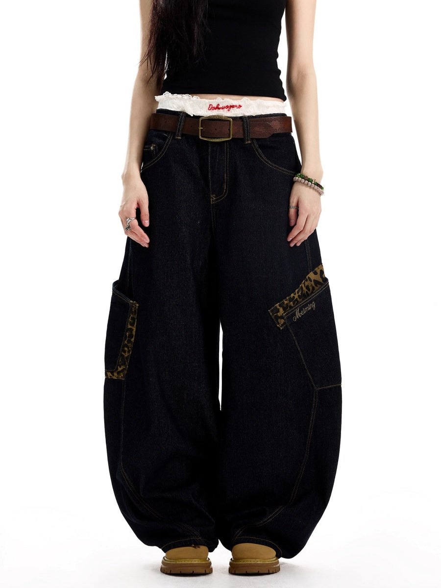 Leopard Print Stitching Large Pocket Design Curve Jeans MW10300