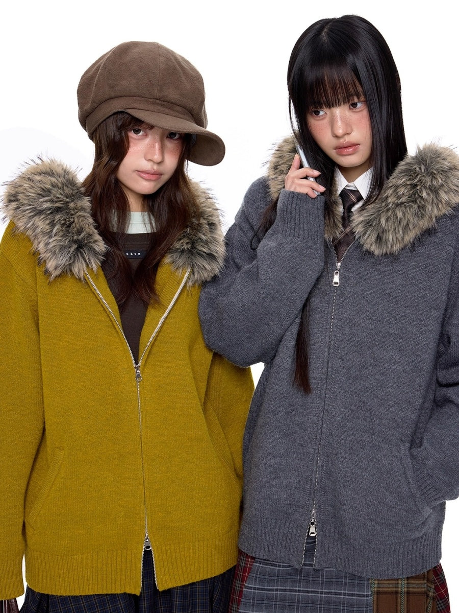 Fur Collar Hooded Knit Cardigan EZ256