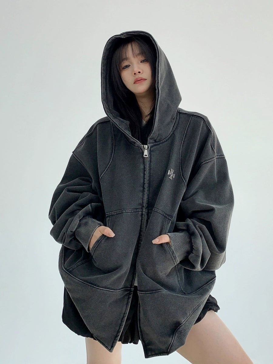 Wash Vintage Cross Badge Loose Hooded Jacket MW10281