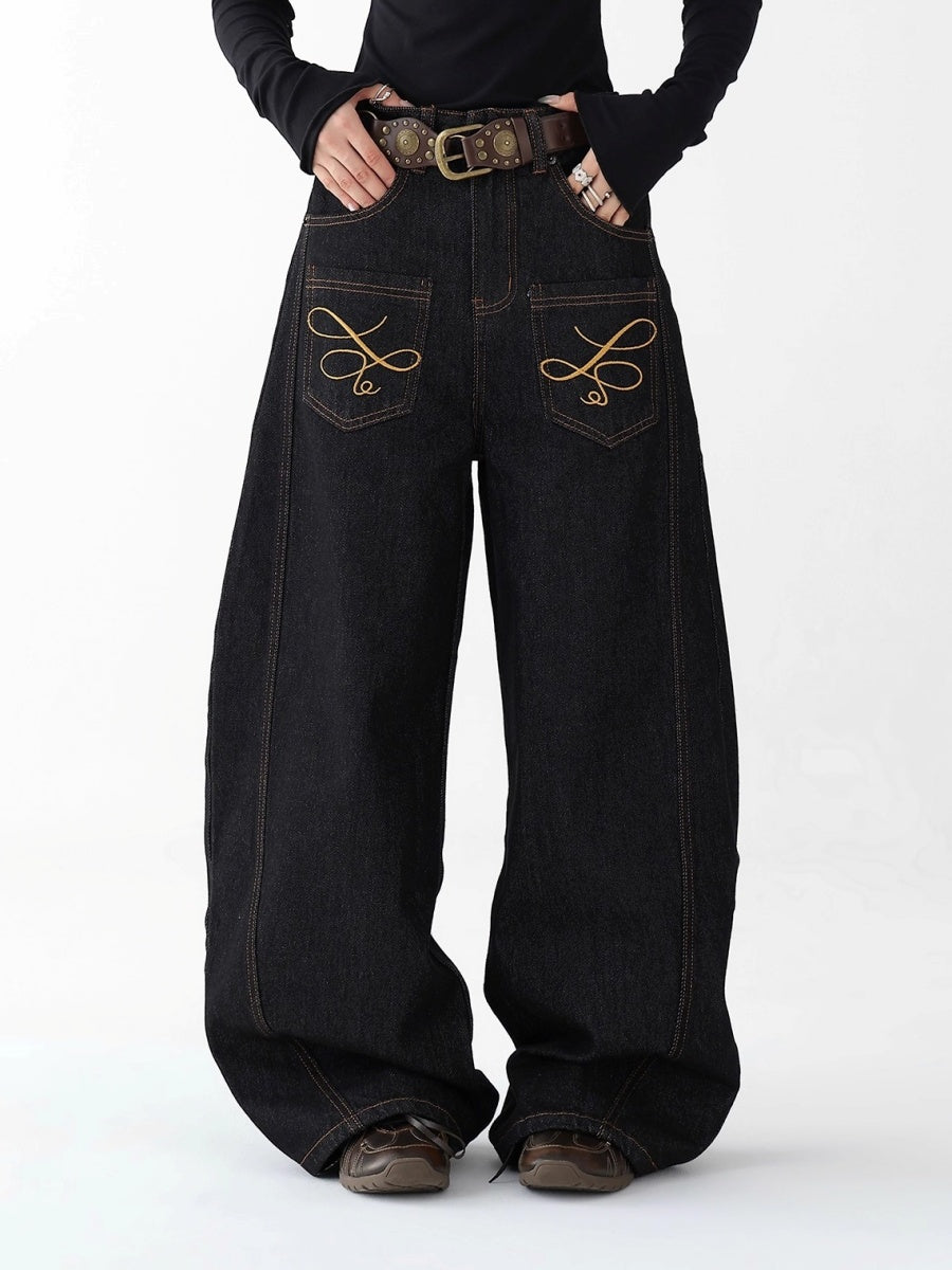 Reverse Embroidered Pockets Wide-Leg Jeans AC7156