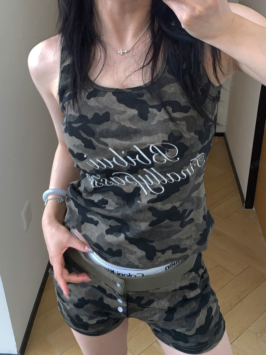 Camouflage Letter Tank Top & Shorts Set-up OS2004