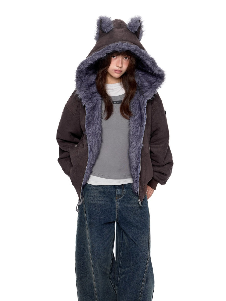 Cat Ear Fluffy Imitation Suede Hooded Jacket EZ250