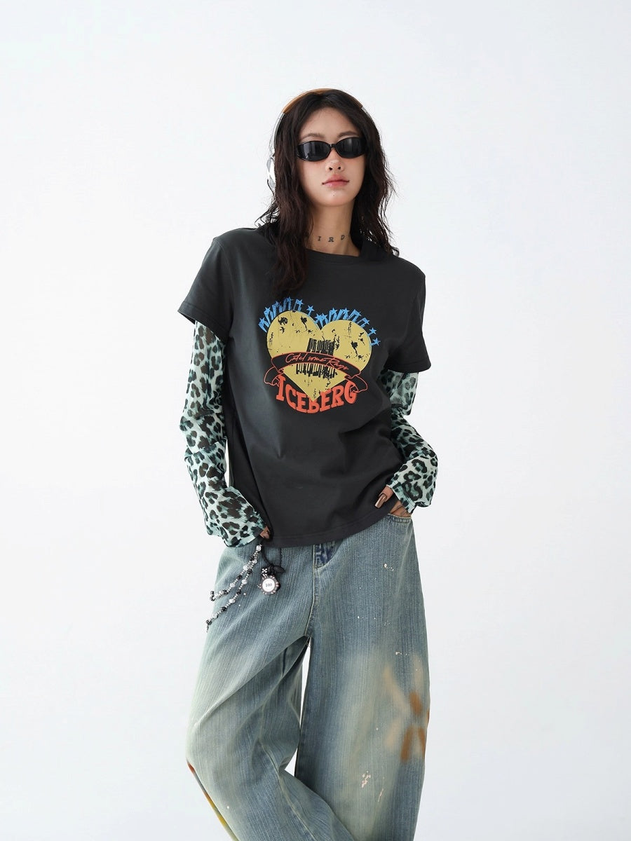 Leopard Print Stitched Fake Layered Long Sleeve T-Shirt AC7140