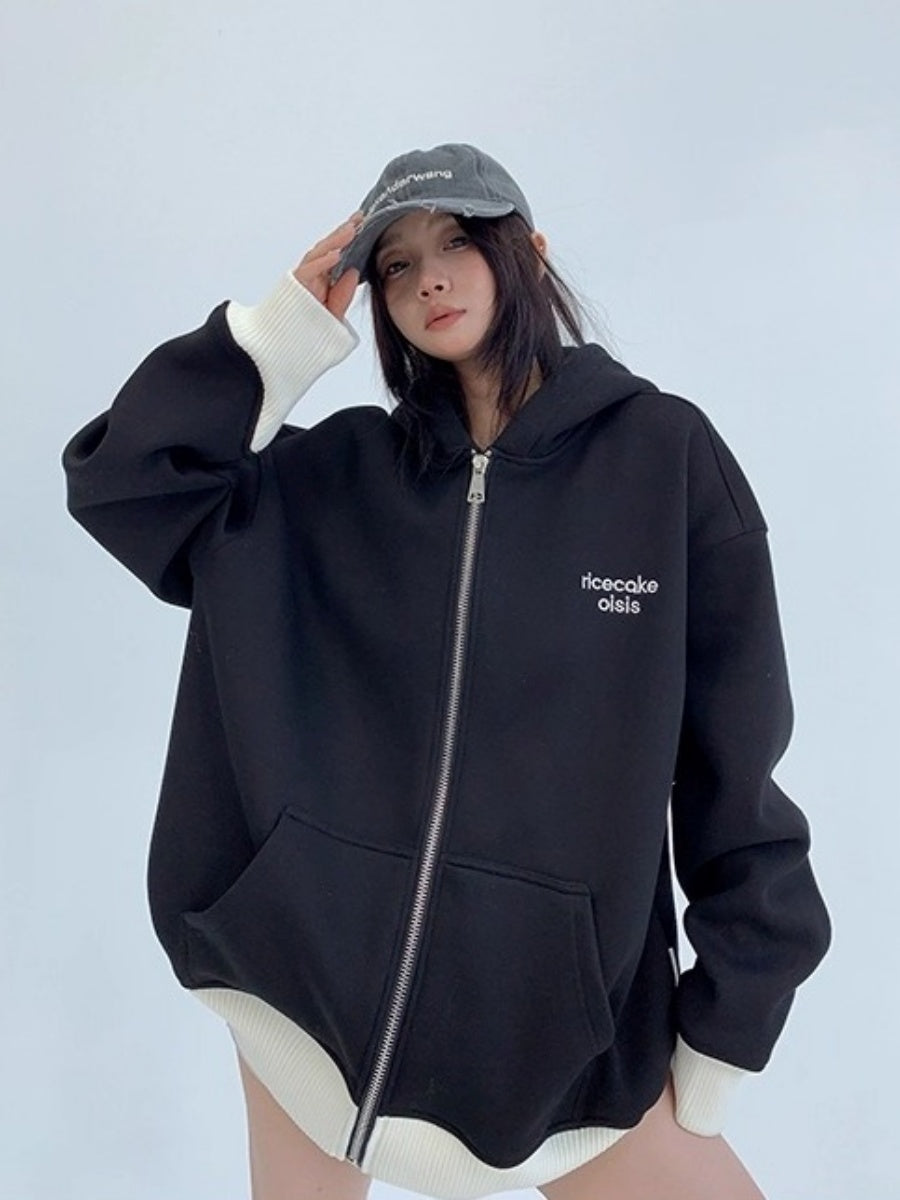 Contrast Embroidery Zip Hooded Jacket OS2043