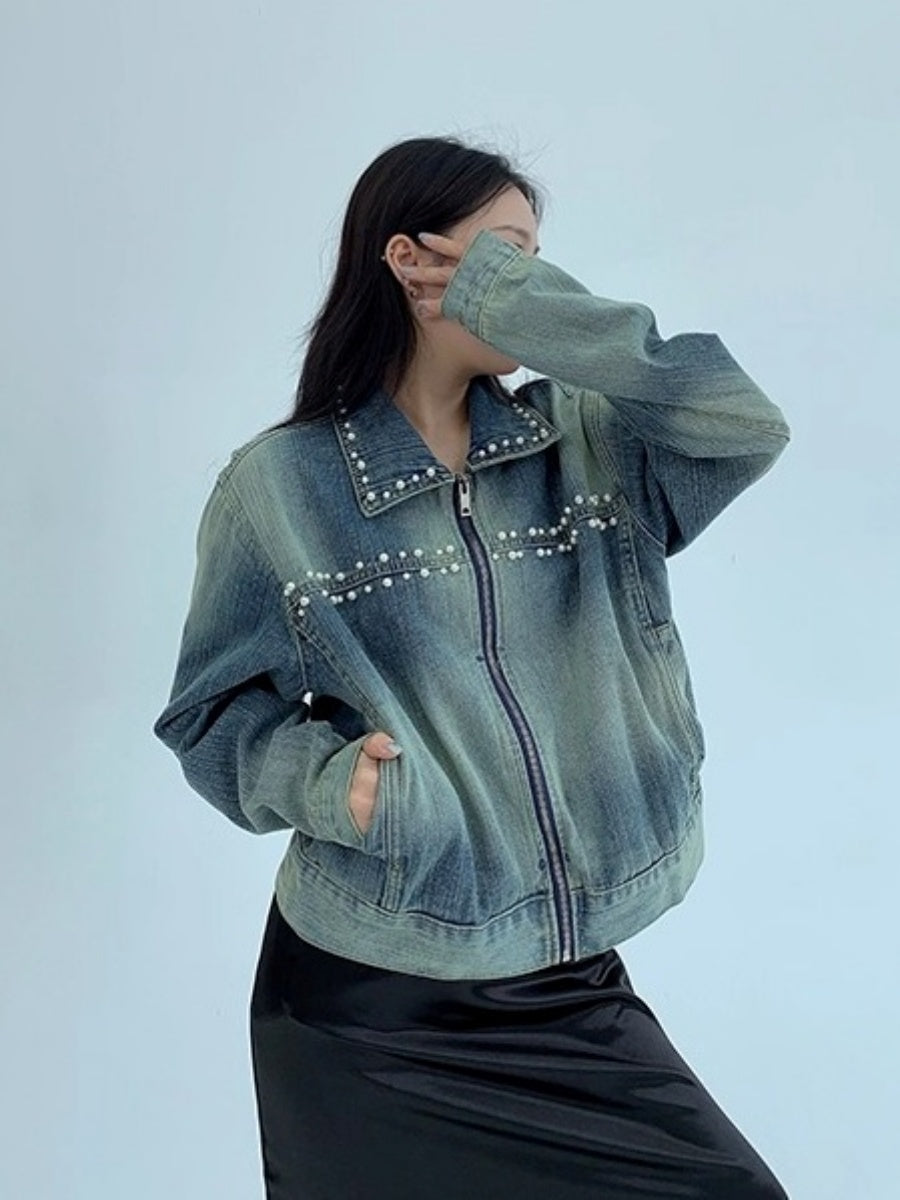 Pearl Bead Short Denim Jacket OS2030
