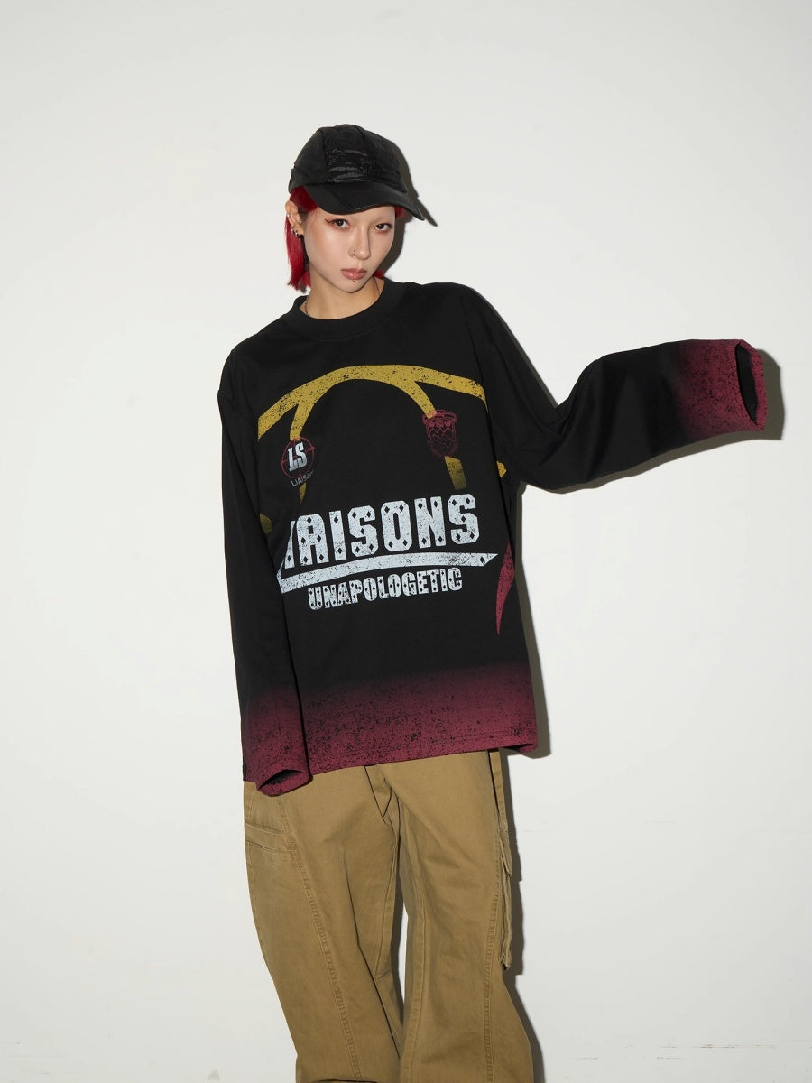 Gradient Washed Letter Print Long T-shirt MN9048