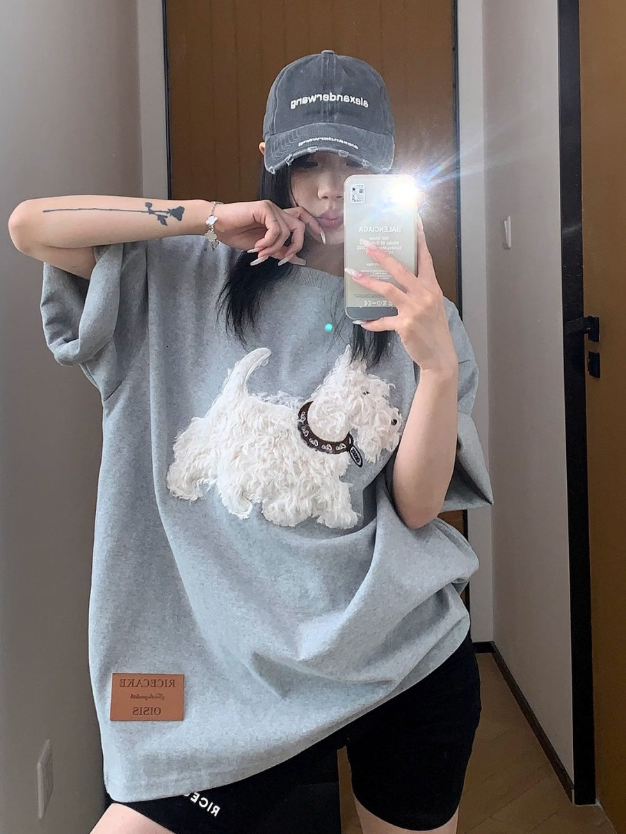 Cartoon Plush Dog Embroidery Loose T-shirt OS2007