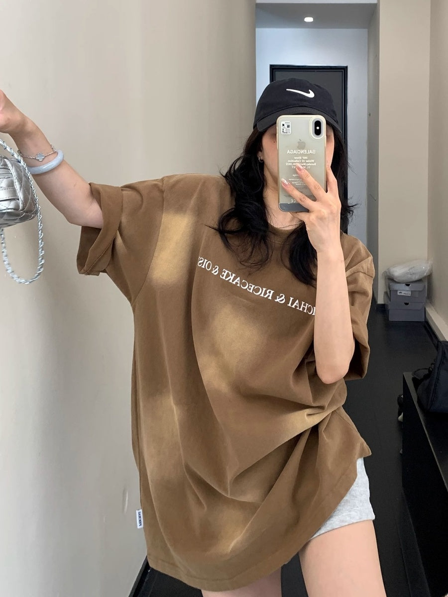 Dirty Wash Old Letter Print T-Shirt MW10186