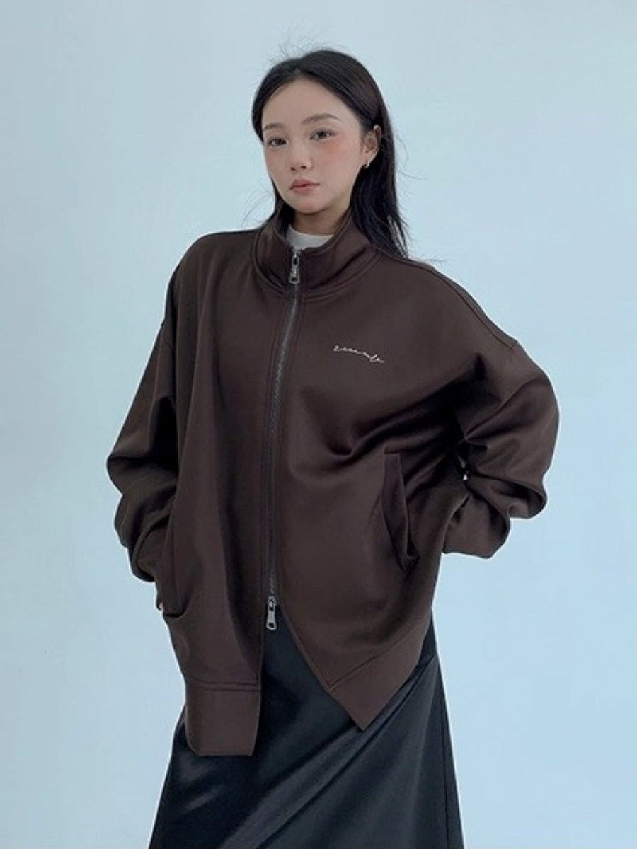 Double Zipper Stand Collar Loose Jacket OS2041