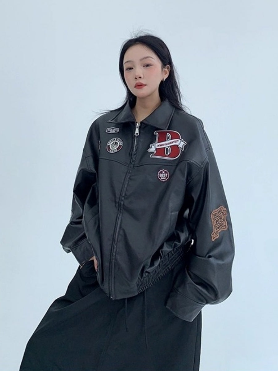Vintage PU Leather Loose Embroidered Jacket OS2028