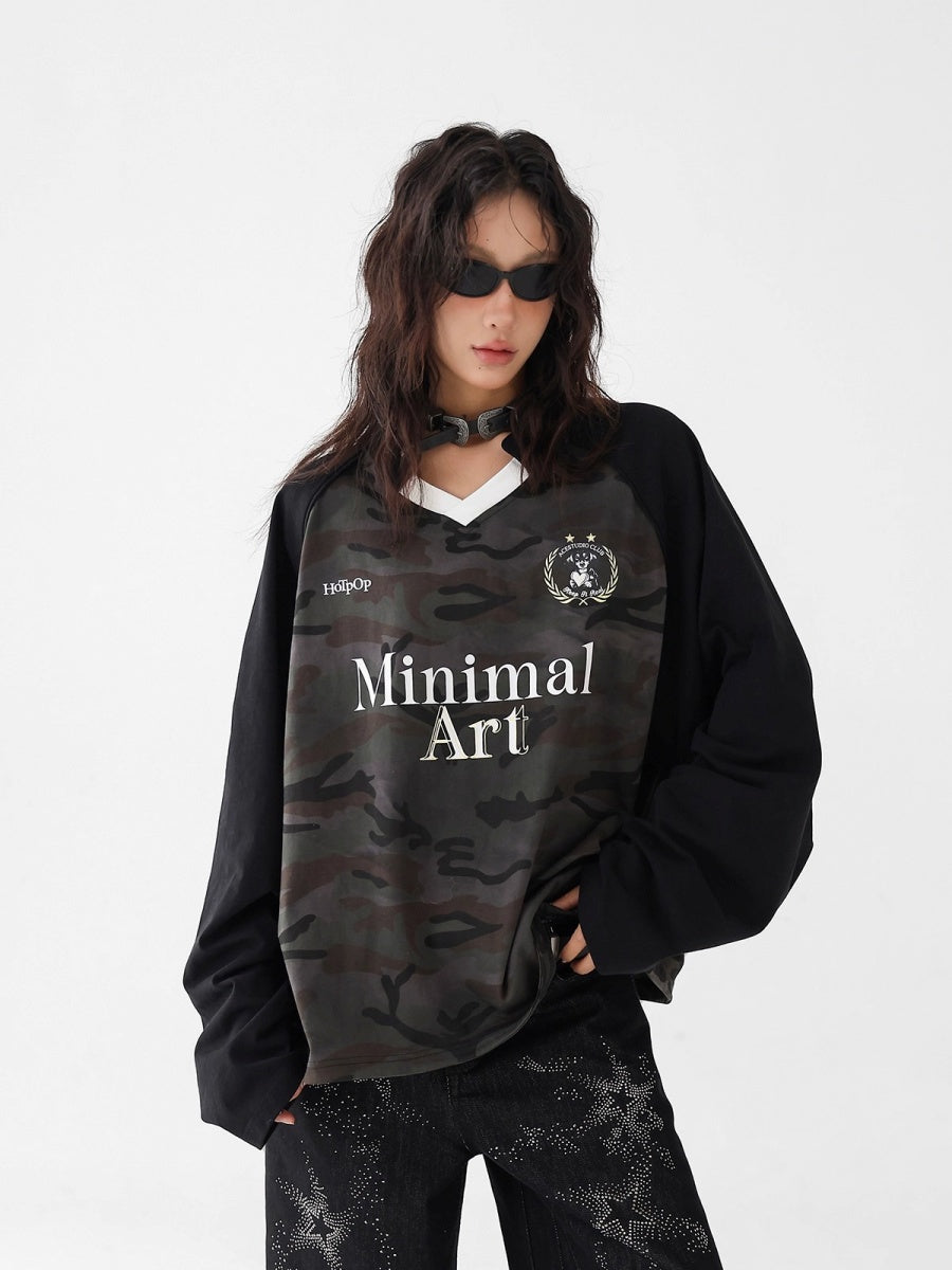 Camouflage Stitched V-Neck Long Sleeve T-Shirt AC7142