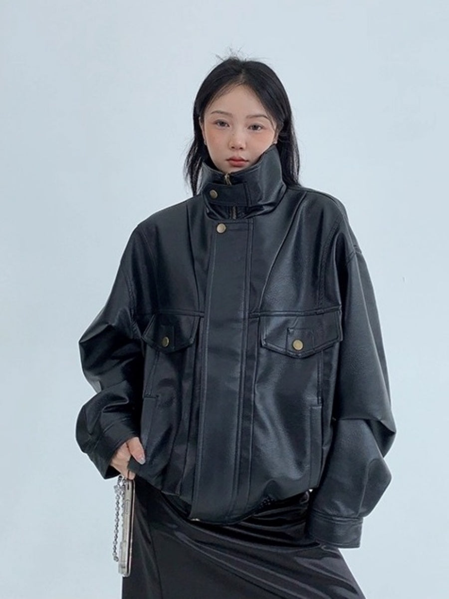 PU Leather Wide Silhouette Biker Jacket OS2024