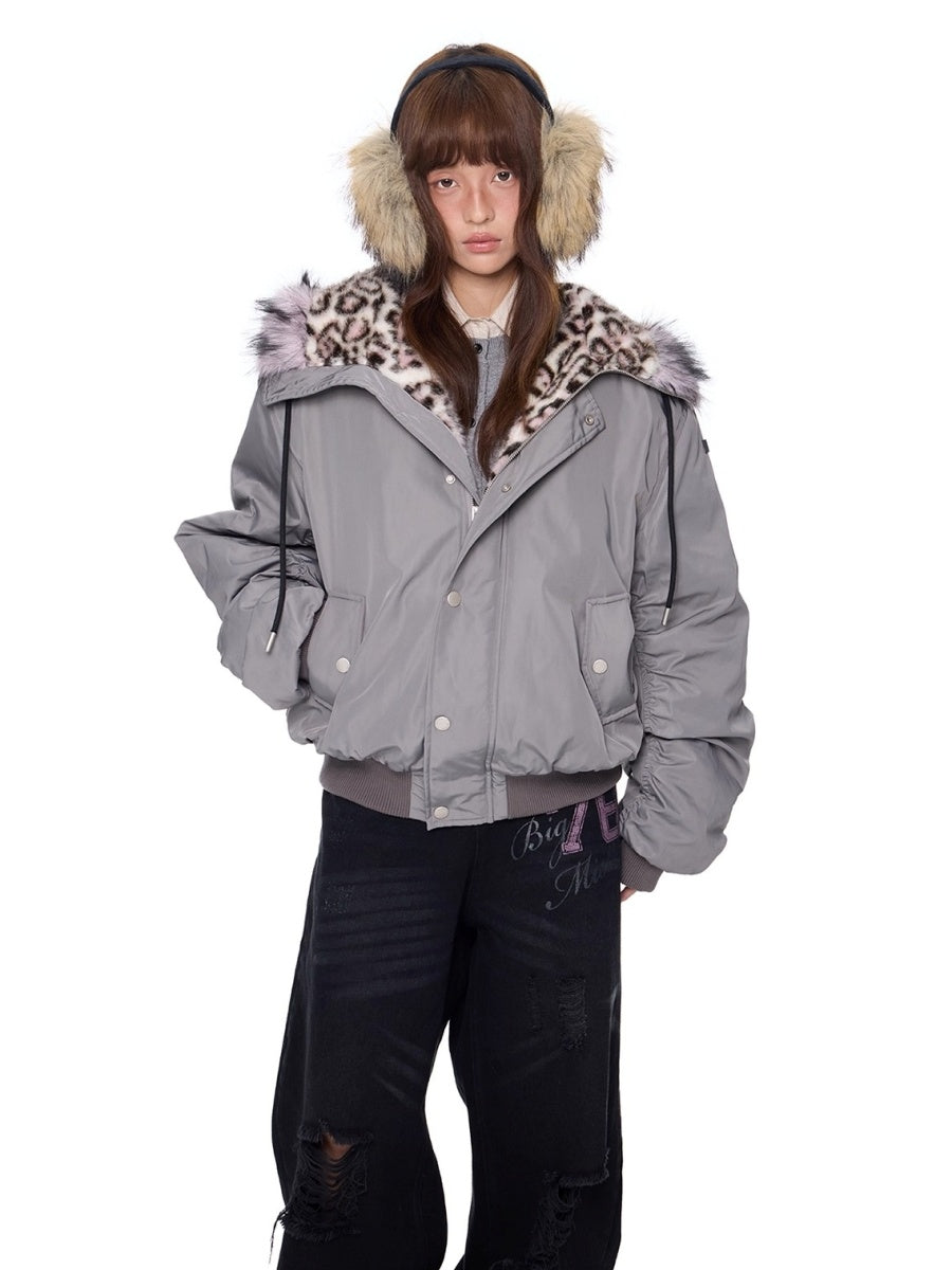 Leopard Liner Fur Short Hooded Jacket EZ273