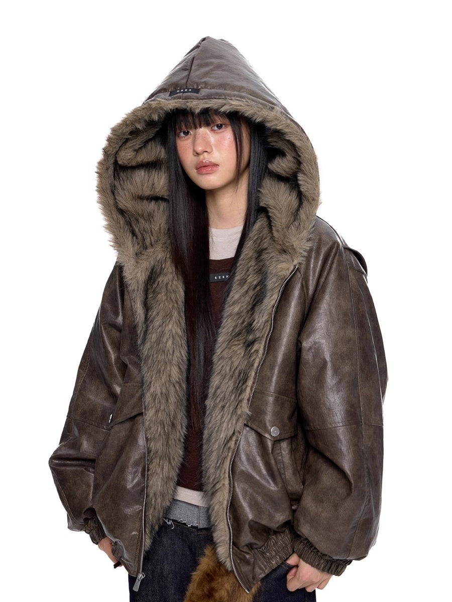 Fur Collar Hooded Padded PU Jacket EZ253