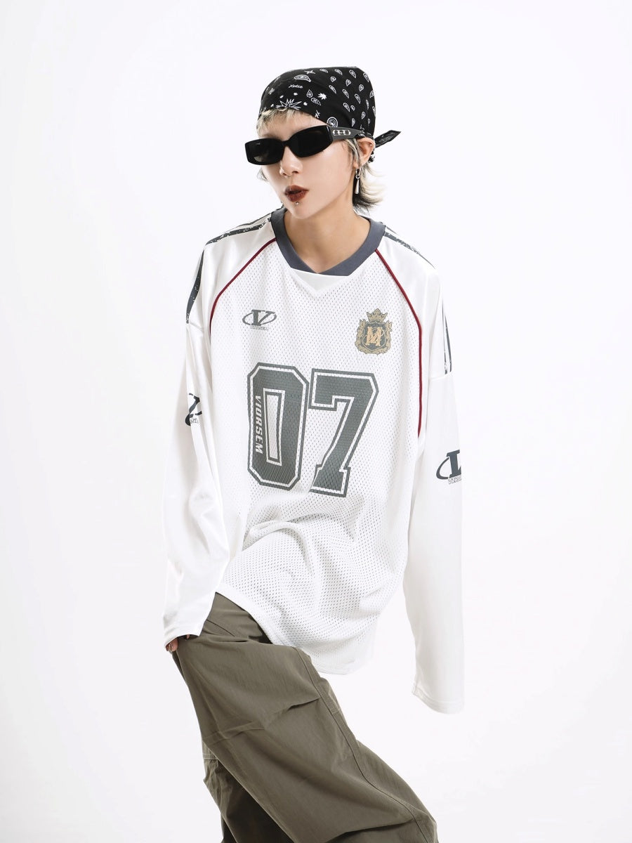 Letter Print V-Neck Mesh Long Sleeve T-Shirt MW10255