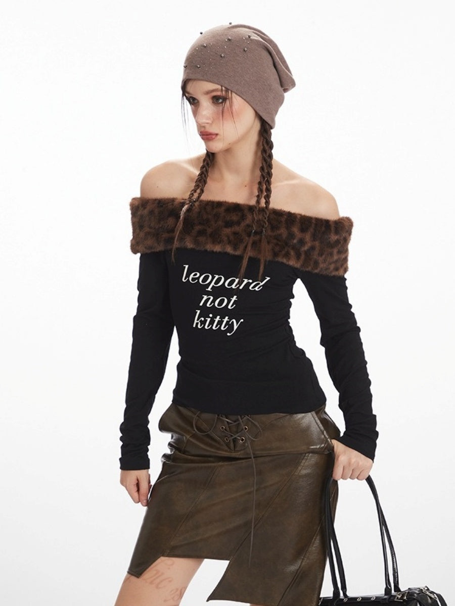 Leopard Fake Fur Off-Shoulder Slim Cutsew NR7008
