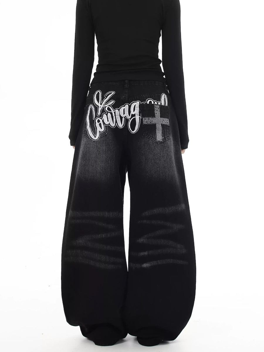 Back Embroidered Loose Banana Jeans MW10238