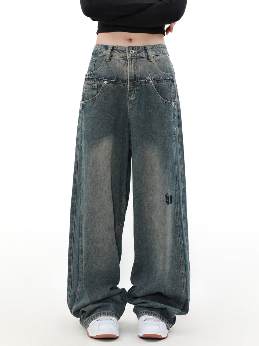 Front Stitch Design Wide Leg Wash Jeans HG7031