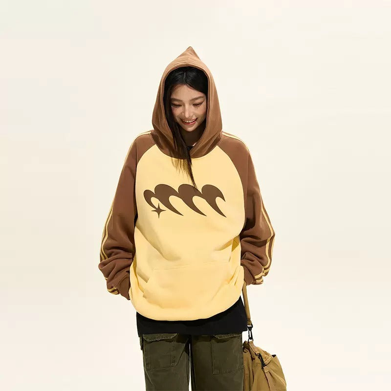 Contrasting Print Raglan Sleeve Hooded Sweat MW9344