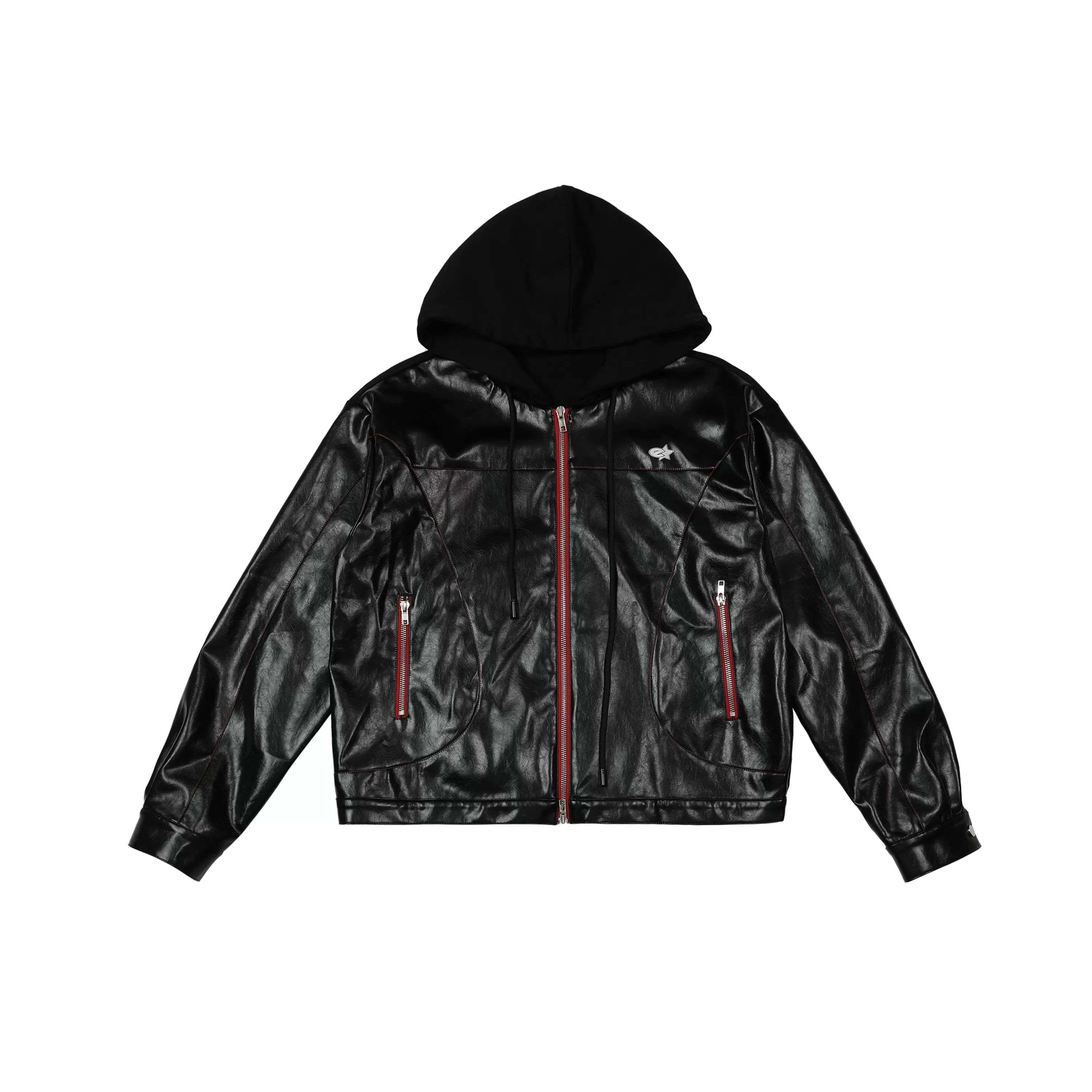 patchwork hooded PU leather jacket EZ102