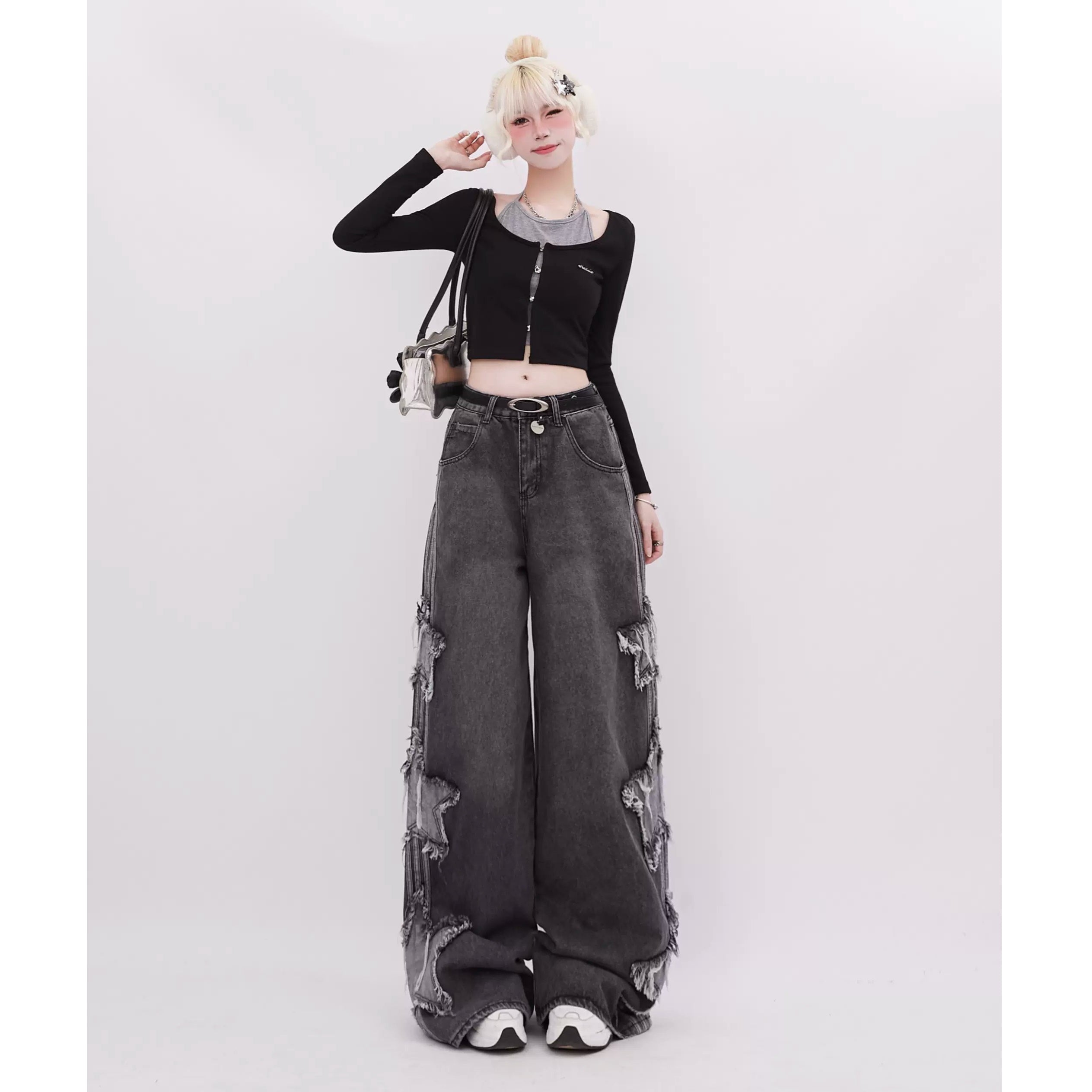Star Stripe Patch Embroidered  Wide-leg Jeans RH026