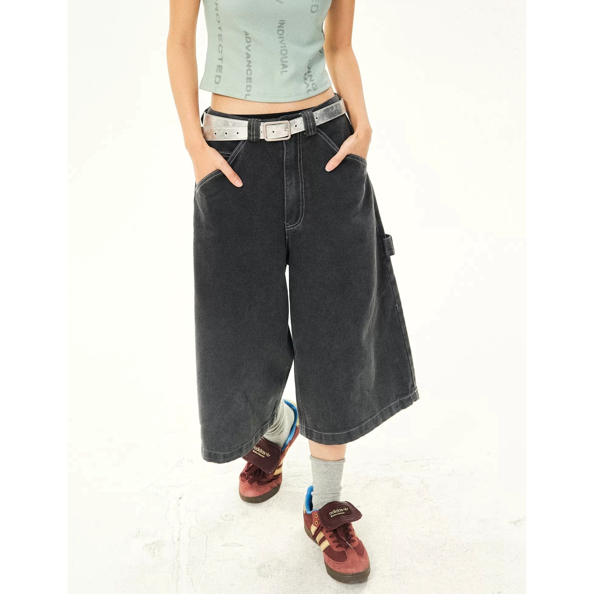 Washed Denim Stitch Design Cropped Pants YS7012