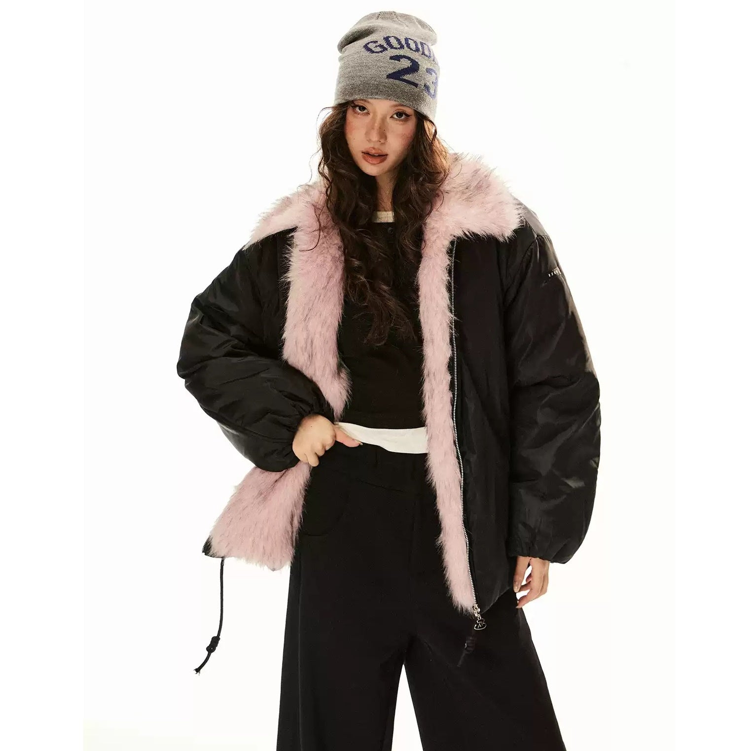 Contrast Fur Collar Zipper Casual Jacket EZ208