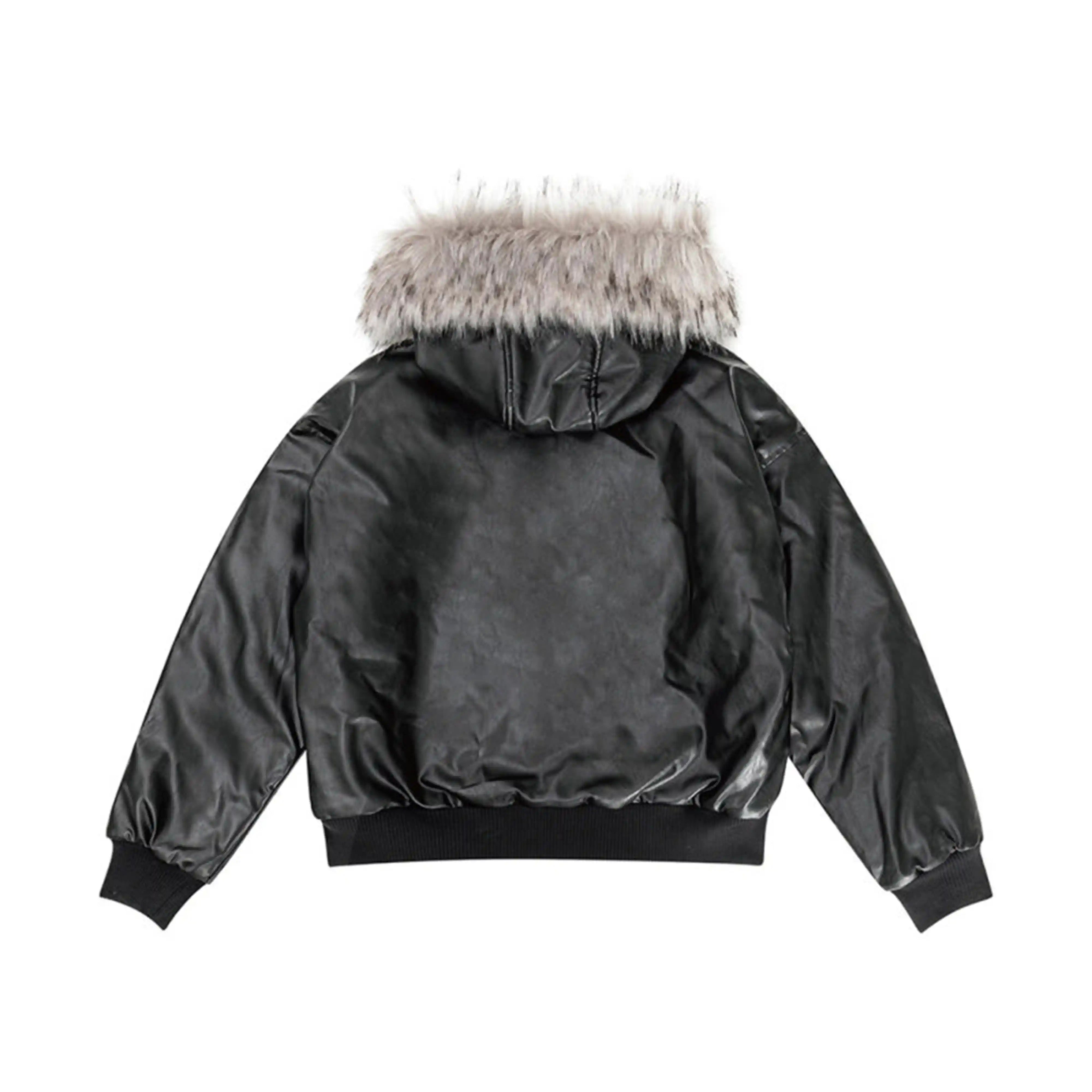 Detachable Fur Collar PU Leather Hooded Jacket XO006