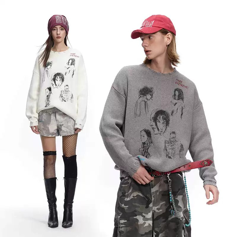 Sketch Print Art Design Loose Damage Sweater MW9617