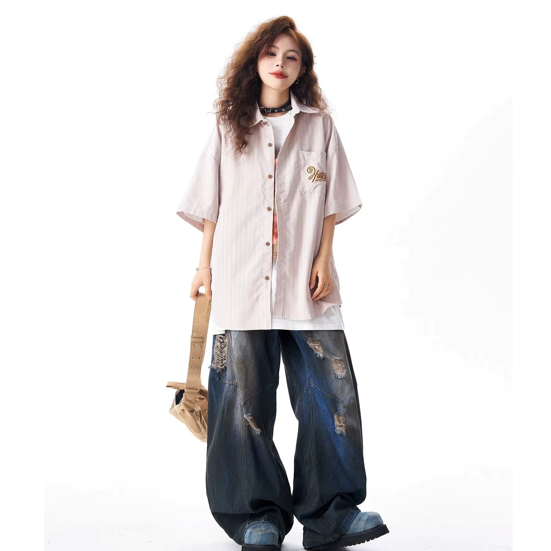 Embroidery Striped Short Sleeve Loose Shirt HG7163