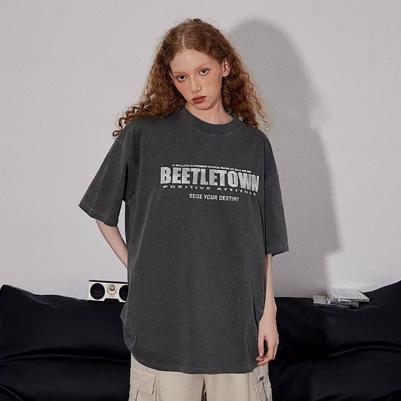 Washed BEETLETOWN Logo Print T-Shirt BT7015