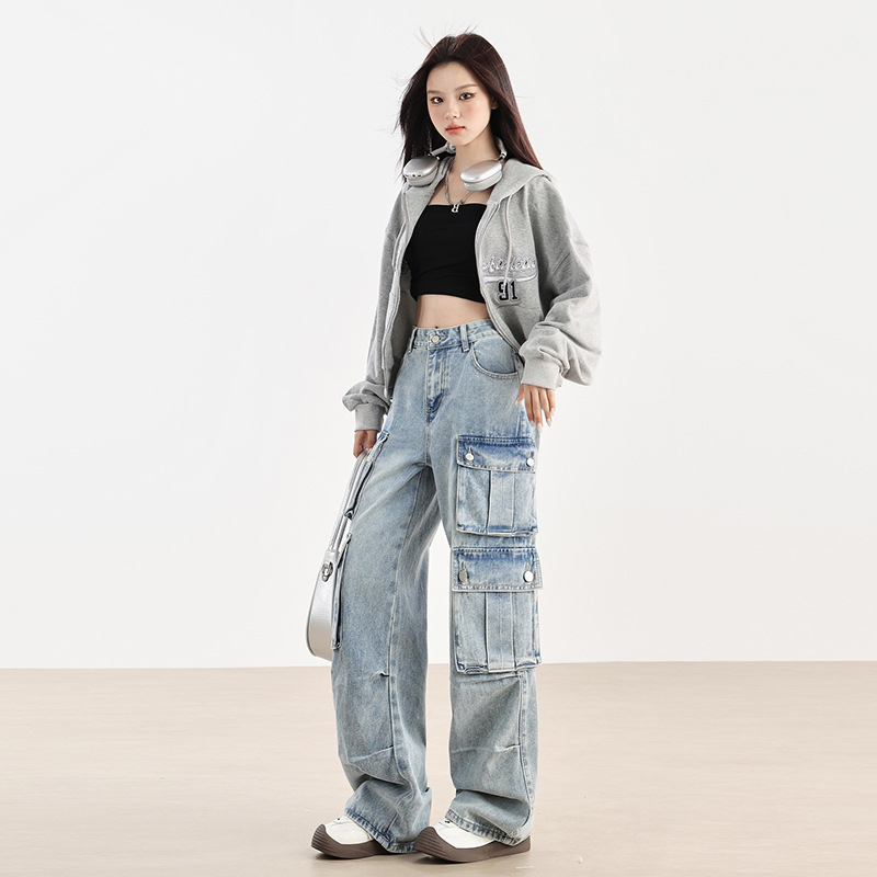 High-waisted Loose Washed Cargo Jeans MW10164
