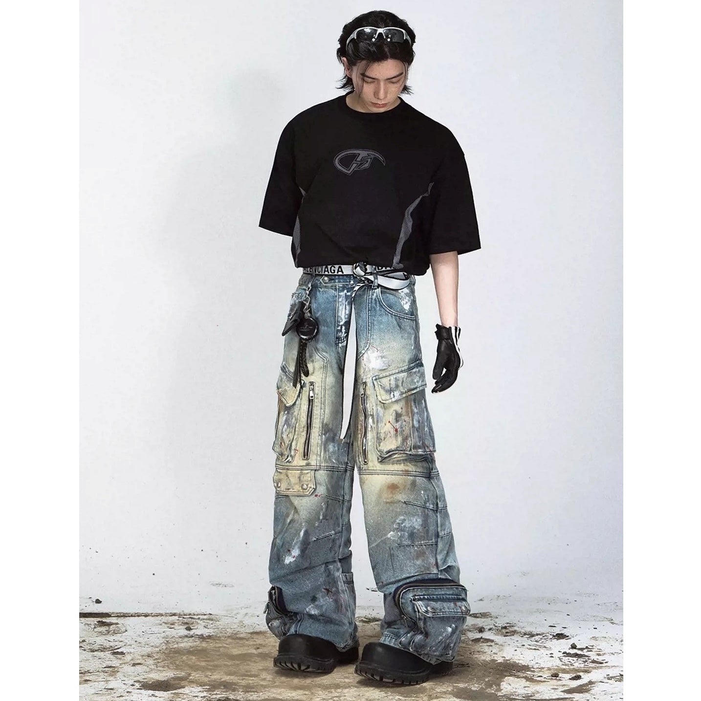 Graffiti Paint Design Multi-pocket Wide-leg Jeans PS7007