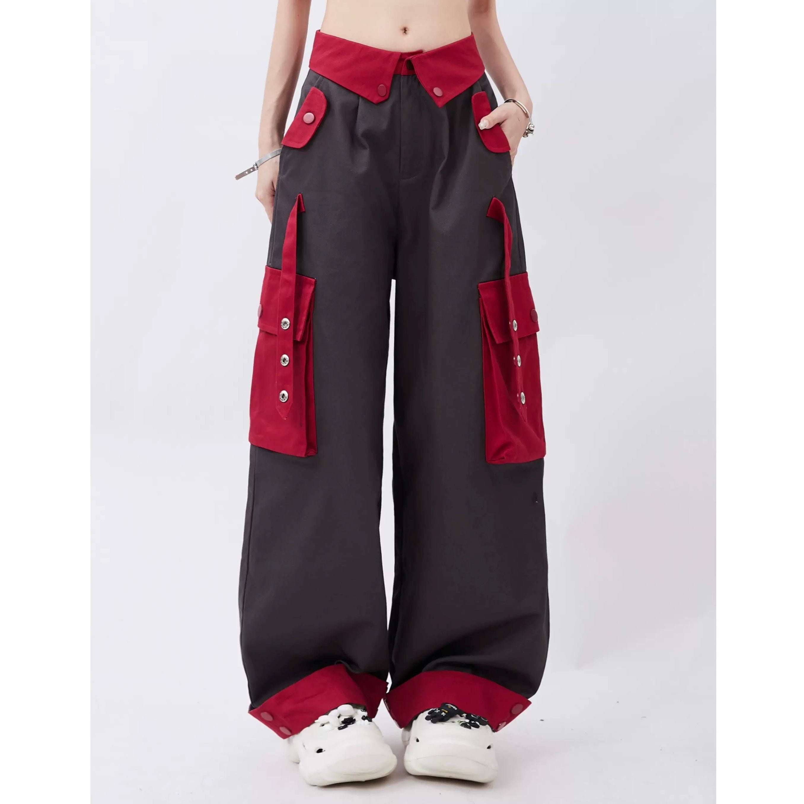 Flap Large Pocket Color-block Design Loose Straight Pants RH030
