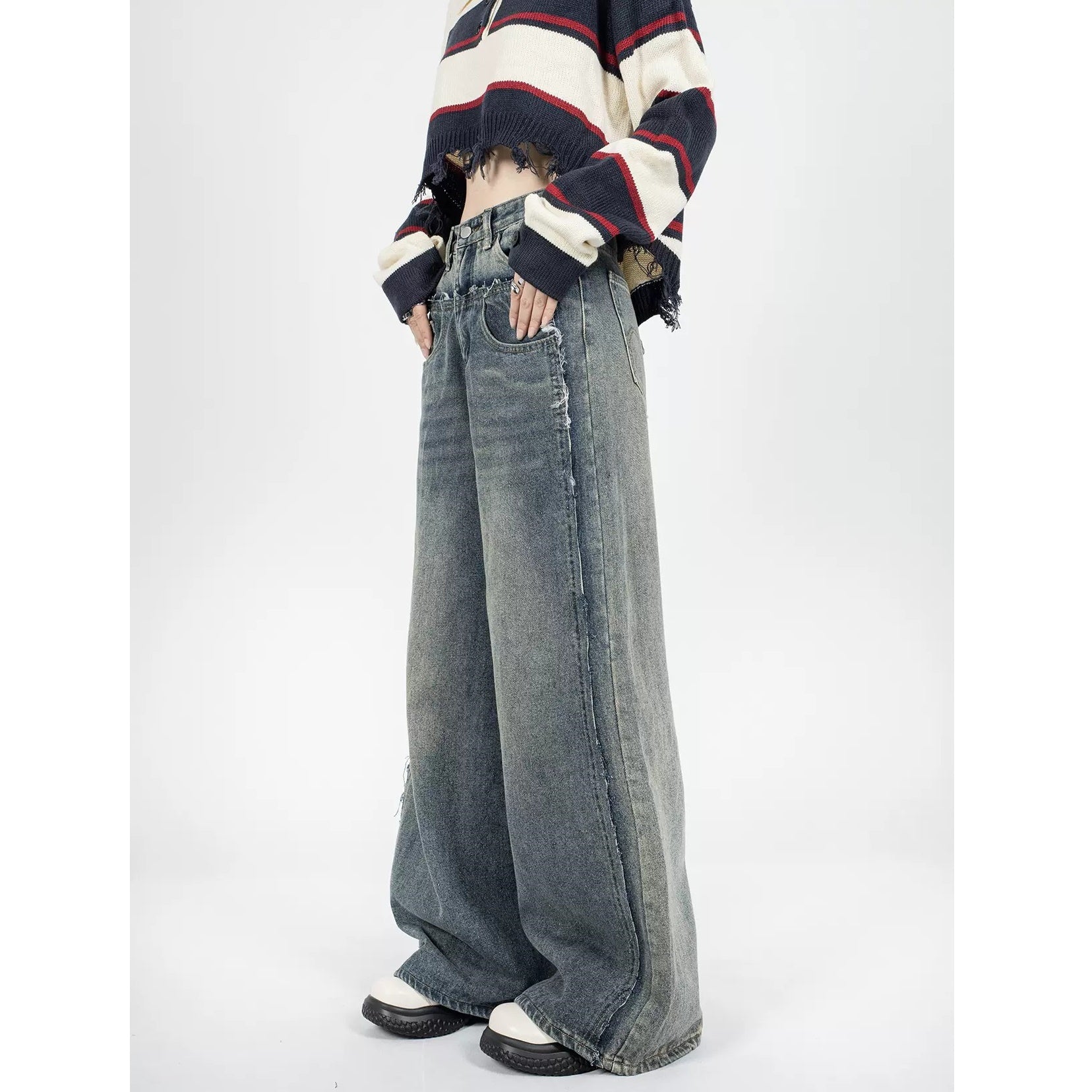 layered stitched design floor-length wide-leg jeans ZR7005