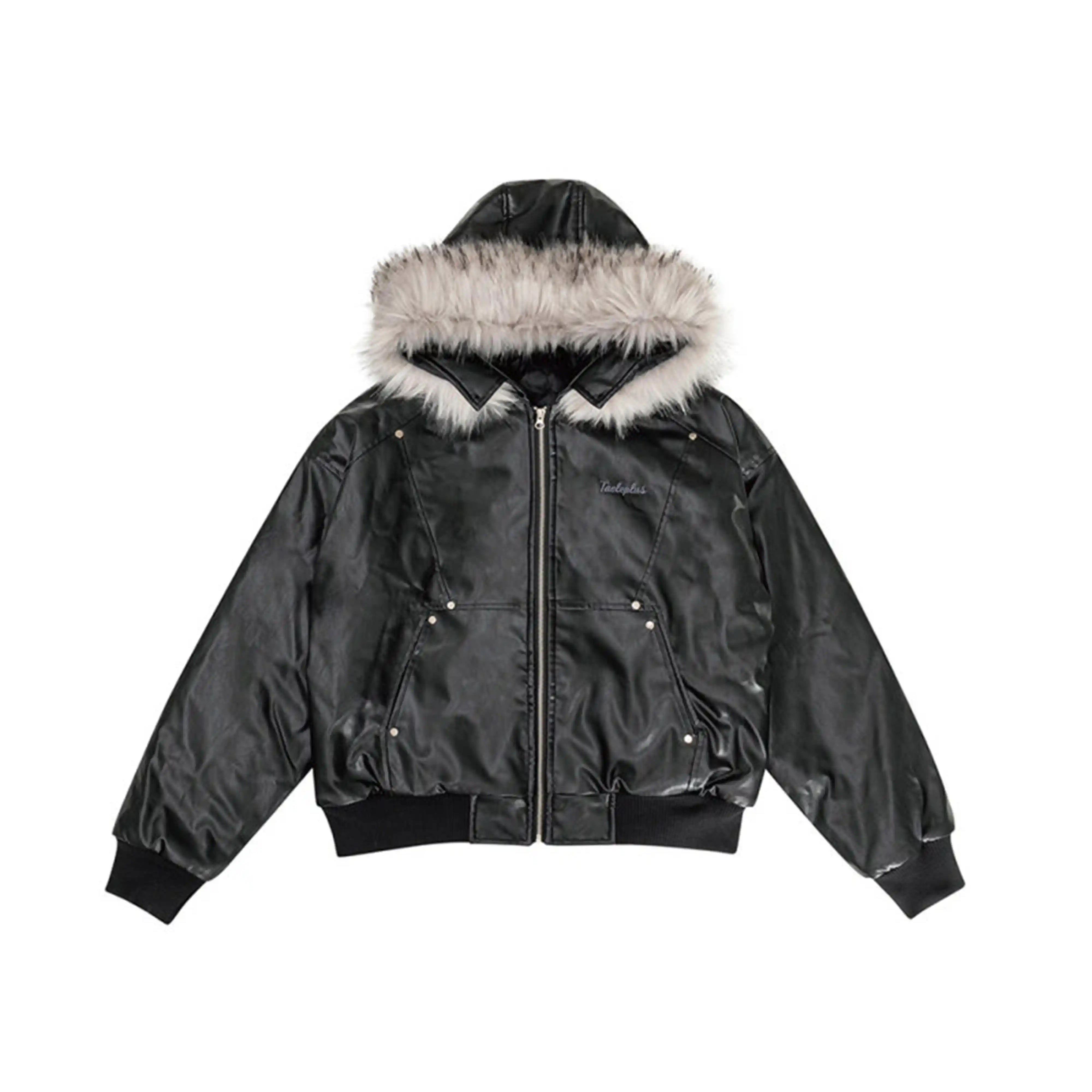 Detachable Fur Collar PU Leather Hooded Jacket XO006