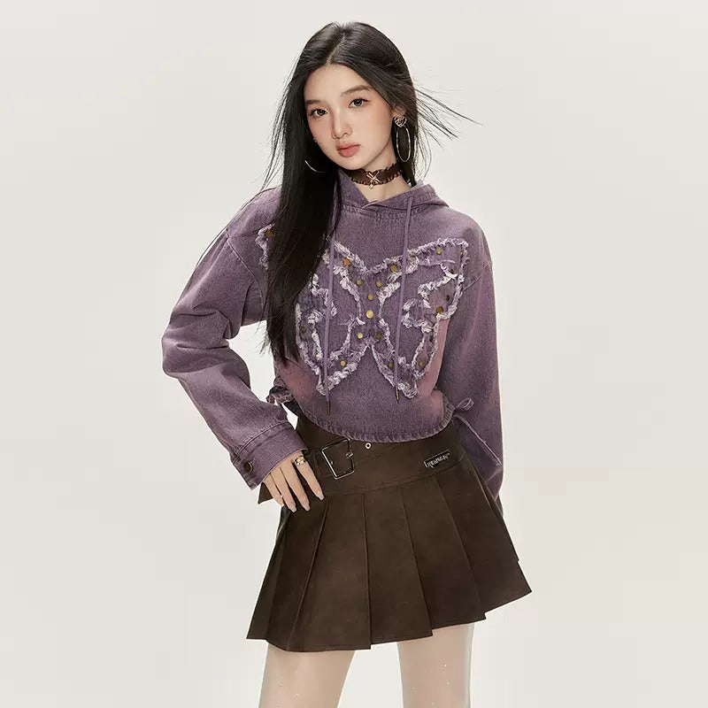 Butterfly Stitch Cropped Hooded Denim Pullover EP1001