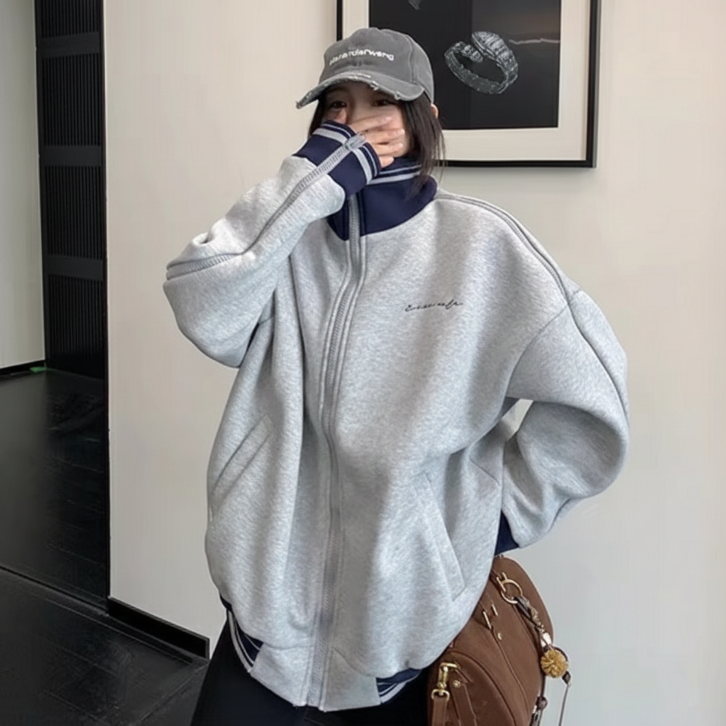 Zipper Accent Stand Collar Sweat Jacket OS2083