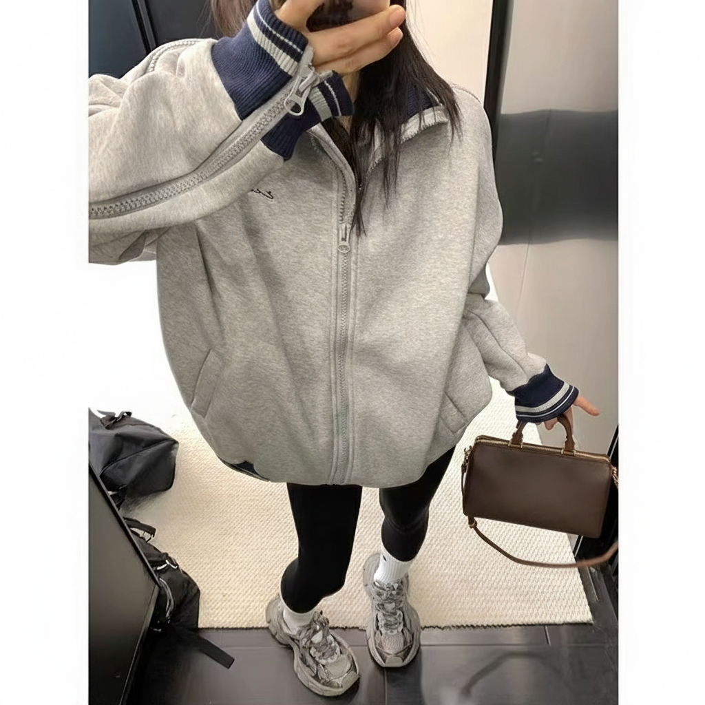 Zipper Accent Stand Collar Sweat Jacket OS2083