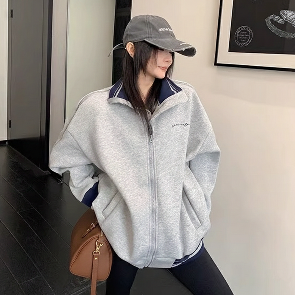 Zipper Accent Stand Collar Sweat Jacket OS2083